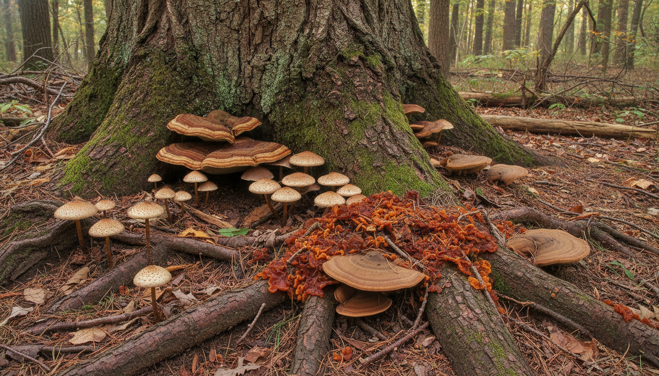 Close-up image of a vibrant, orange bracket fungus growing on the side of a tree trunk, indicating potential decay.