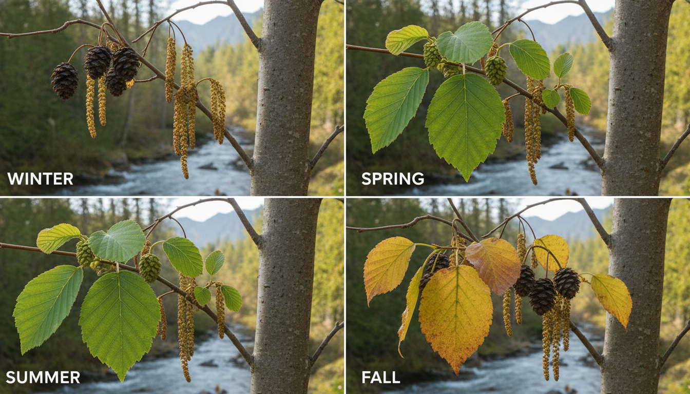 Close photo of an alder twig with catkins and persistent woody strobiles