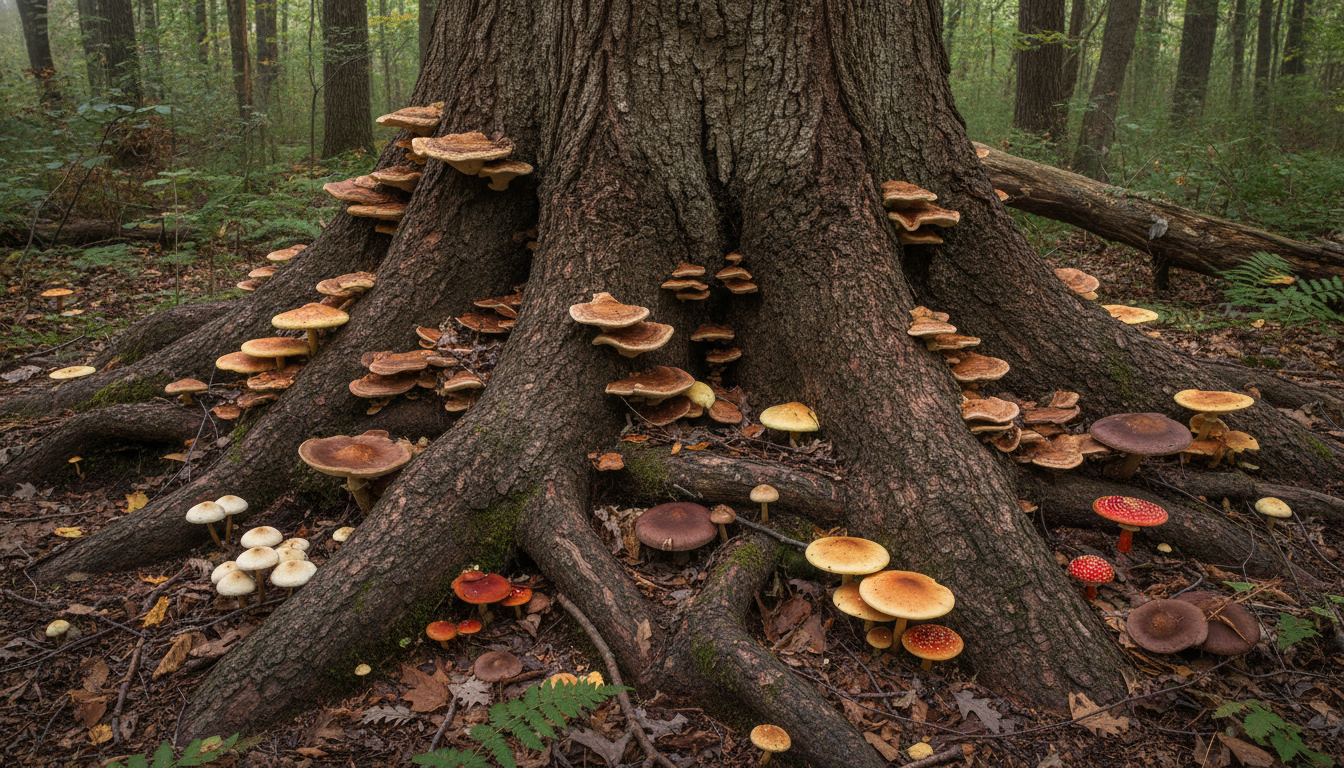 Close-up of a large, shelf-like bracket fungus (conk) with concentric rings growing on the side of a tree trunk, indicating internal wood decay.