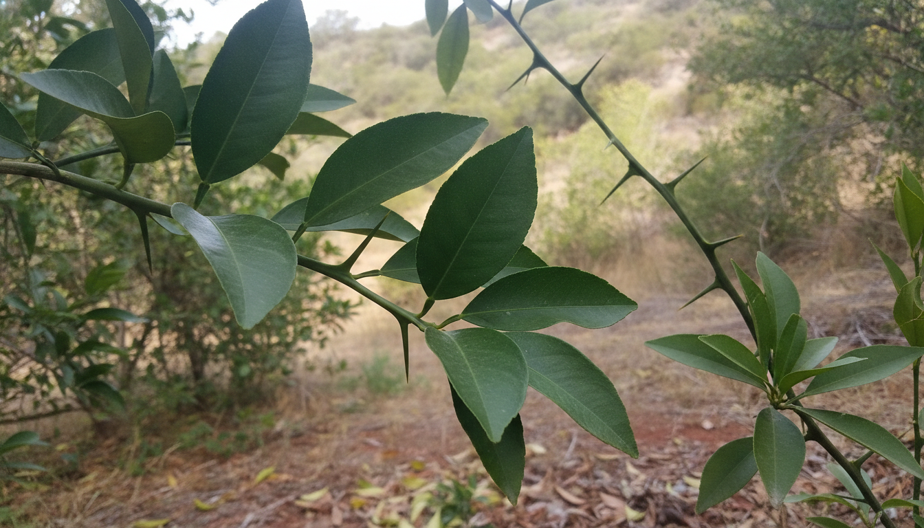 Glossy citrus leaf with a narrow petiole wing and a single axillary thorn